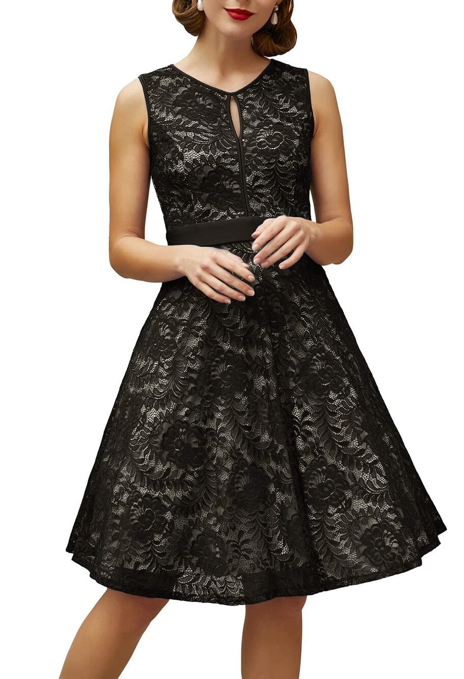 Kate Kasin Lace Sleeveless Fit And Flare Dress Size L Large Black